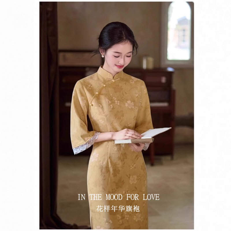 四小姐花样年华旗袍黄色秋新款日常年轻款少女文艺复古连衣裙