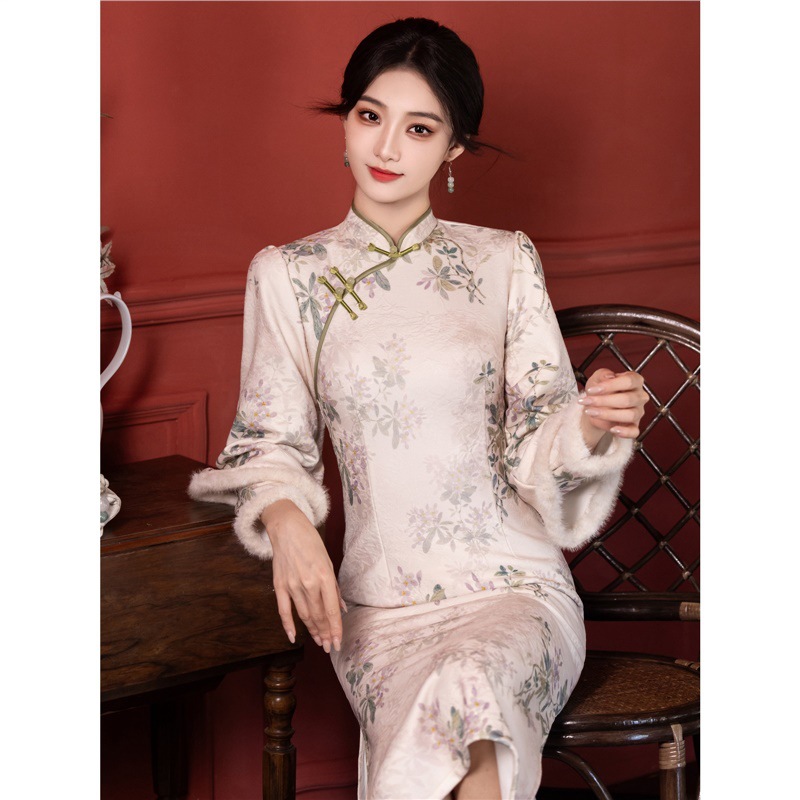 四小姐花样年华旗袍新中式冬季加绒加厚素雅绝美女长袖保暖