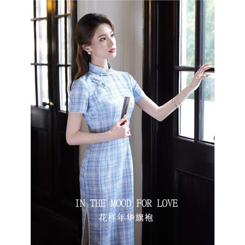 复古蓝格子女裙民国风