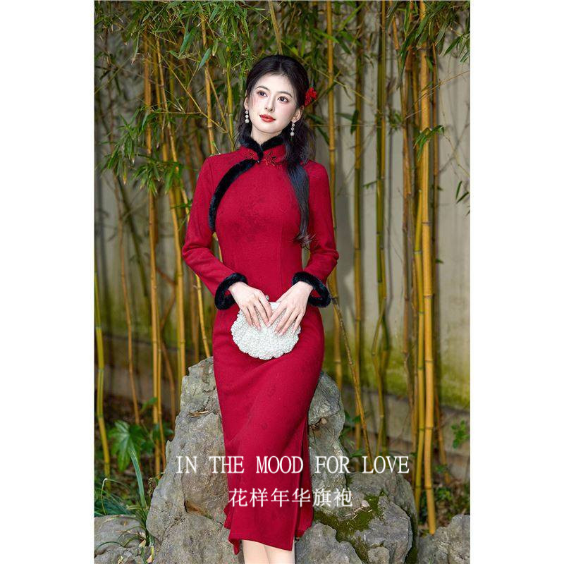 复古新中式红色长袖女袍