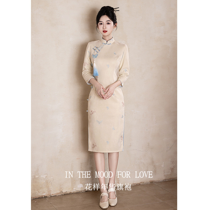 四小姐花样年华旗袍秋季长袖连衣裙黄色复古气质高端小个子刺绣