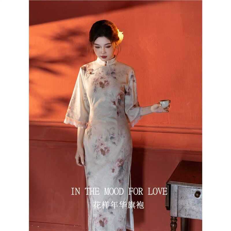 四小姐花样年华旗袍新中式女2026新款春夏印花显瘦气质长袖连衣裙