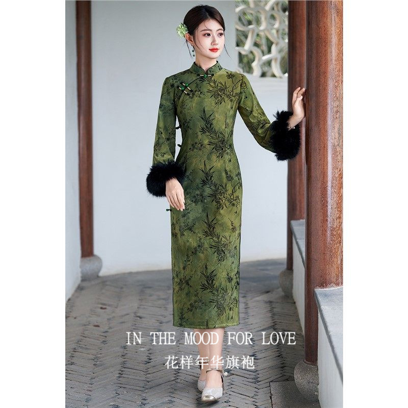 四小姐花样年华旗袍绿色秋冬长袖小个子女新中式高端大气上档次