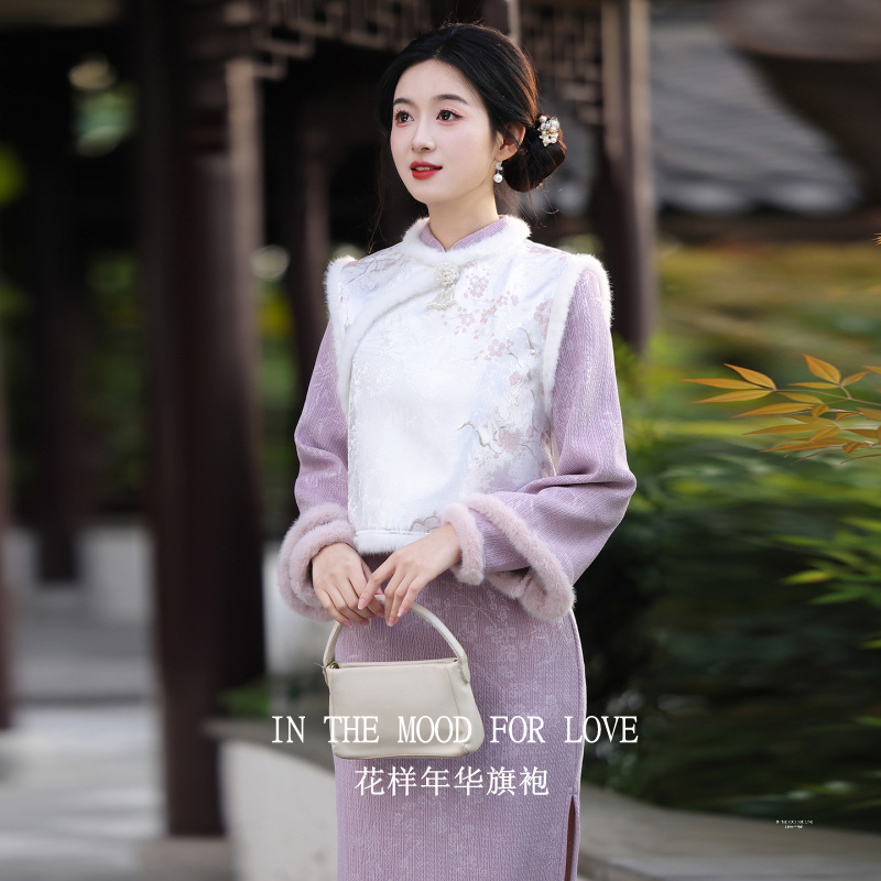 新中式紫色加绒连衣裙