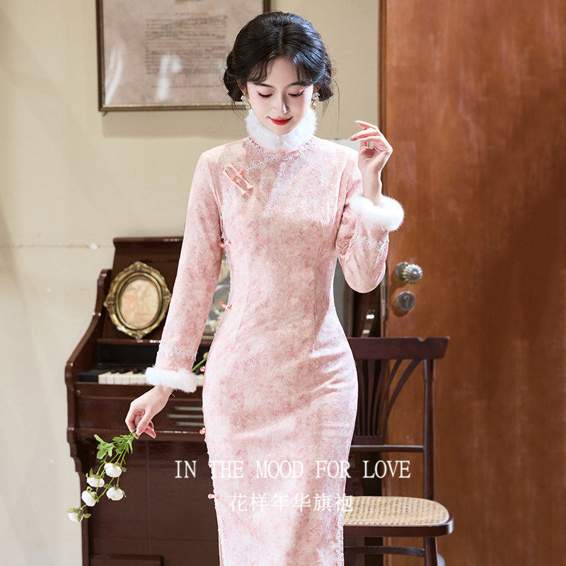 四小姐花样年华旗袍新中式粉色真毛领加绒加厚冬保暖针织连衣裙,女装/女士精品,旗袍,淘宝优惠券,粉丝福利购,淘宝优惠卷