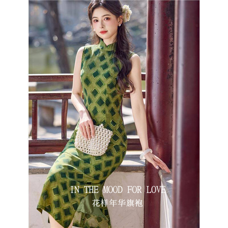 四小姐花样年华旗袍复古风绿色格子女春夏季无袖气质新中式连衣裙