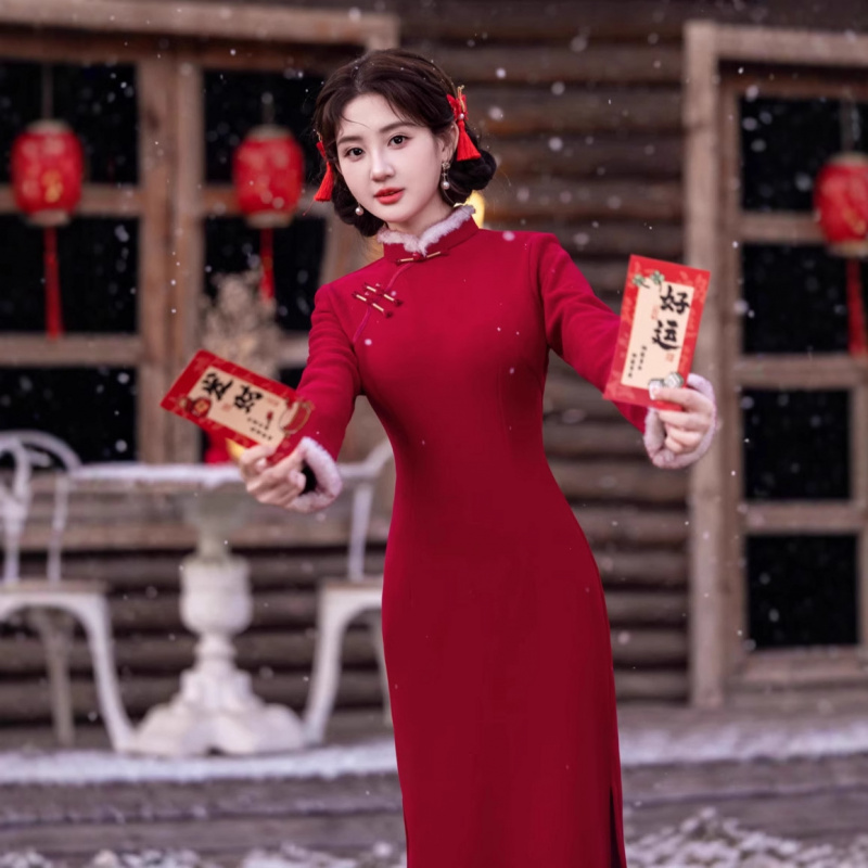 四小姐花样年华旗袍2025冬红色敬酒结婚新中式少女小个子拜年服
