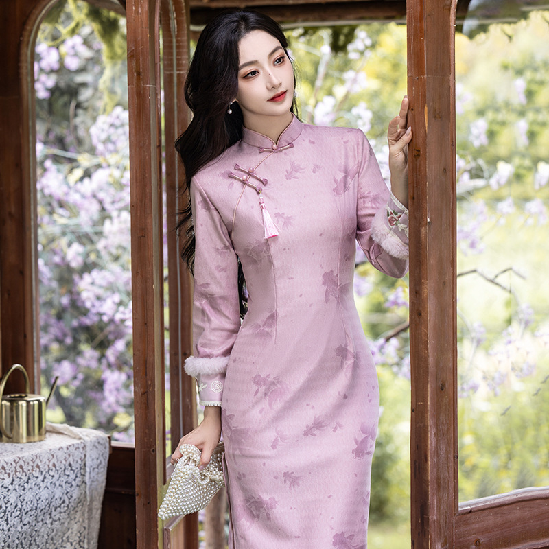 四小姐花样年华旗袍新中式国风冬季加绒粉色绝美气质修身保暖