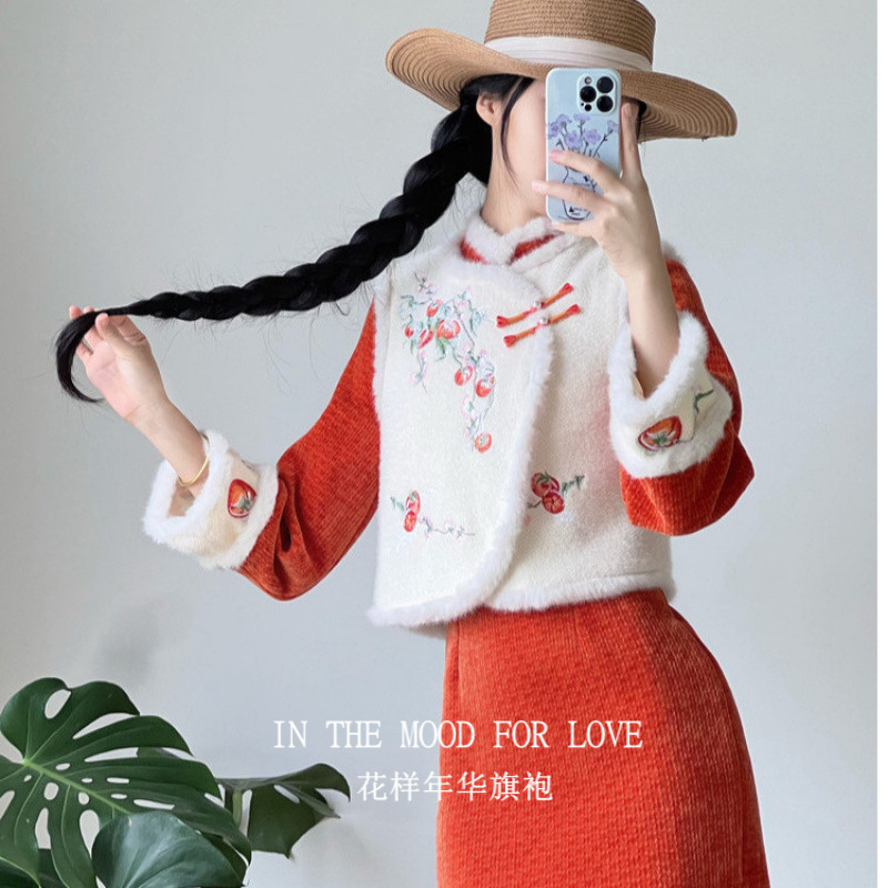 新中式红色加绒马甲套装