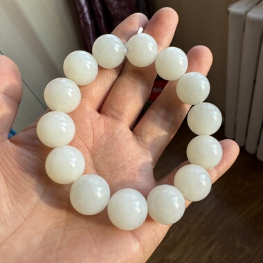 新疆和田玉白玉籽料手串15mm圆珠青花白籽老熟油糯无棉裂男女收藏