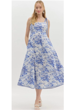 外贸单entro度假风A字摆复古精致水墨青花棉质吊带长裙 连衣裙