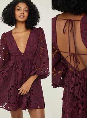 外贸ALT@R'D 深V领大露背酒红色重工绣花镂空立体花灯笼袖连衣裙