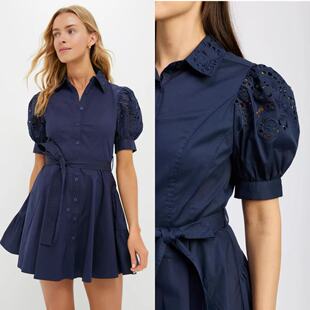 外贸单 EN S@ison 纯原镂空绣花气质感翻领泡泡袖收腰法式连衣裙