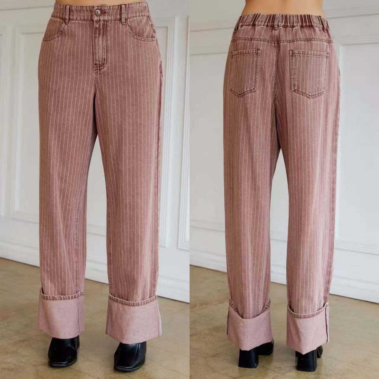 高腰做旧洗水砖红色牛仔裤