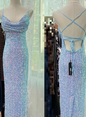 外贸单fn年会 荡领修身包臀裙辣妹 冰川蓝色亮片吊带长裙连衣裙