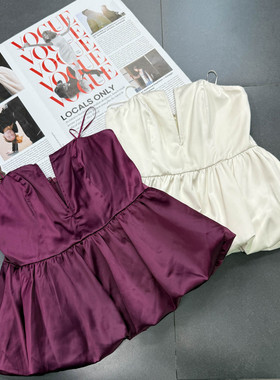 外贸单@str家  缎面抹胸花苞小上衣 气质钢圈大V领