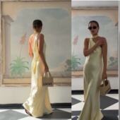 外贸单 4th reck1ess纯原单滑滑料缎面质感斜肩挂脖礼服连衣裙