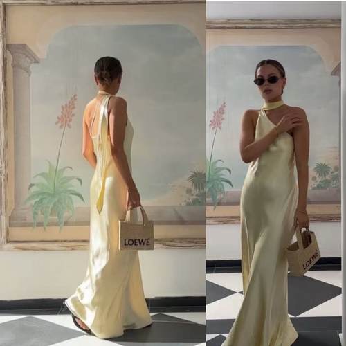 外贸单滑滑缎面质感斜肩连衣裙