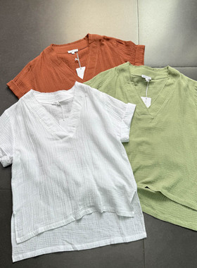 外贸单透气吸汗王者~fp风宽松版松弛感双纱棉V领T恤上衣