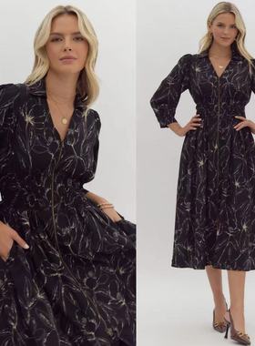 外贸单 entr*复古风V领双头拉链收腰印花翻领连衣裙长裙