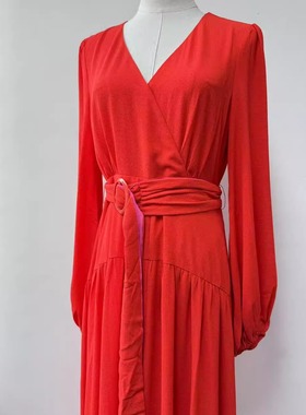 外贸单 vici 桔红色雪纺长袖红裙开叉长裙连衣裙 沙漠海岛度假裙