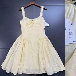 外贸单淡系氧气少女风淡黄色清新明媚法式复古俏皮睫毛蕾丝连衣裙