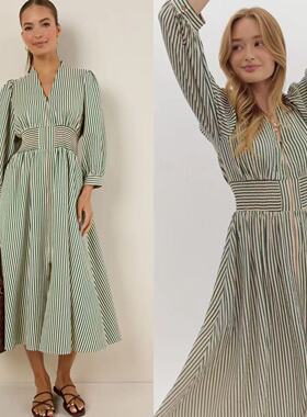 外贸单en*r0 复古通勤风双拉链气质腰封款七分袖条纹连衣裙长裙