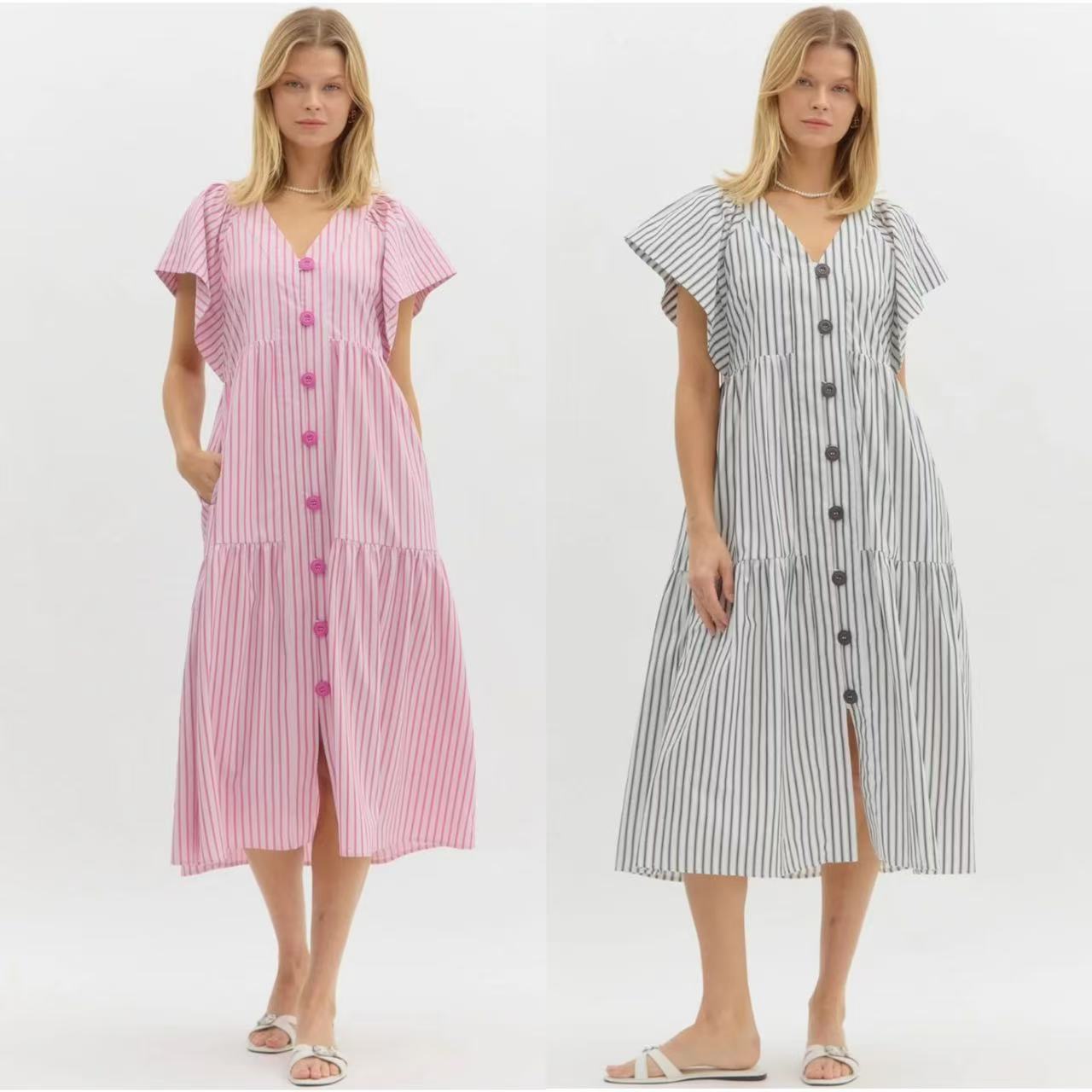 外贸单V领飞飞袖宽松连衣裙长裙