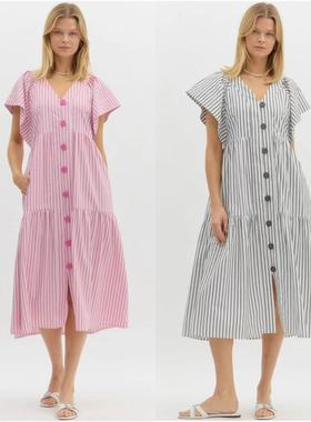 外贸单entr0文艺风V领飞飞袖宽松版条纹连衣裙气质中长裙