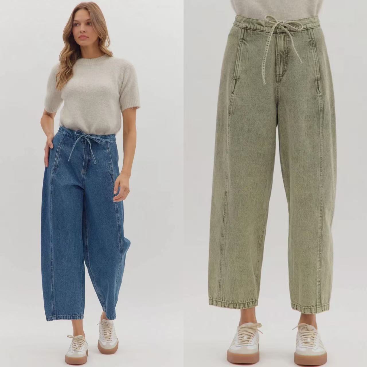 外贸单抽带锥形春款牛仔裤