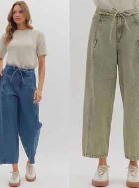 外贸单entr0 简约抽带深牛仔裤宽松版锥形九分裤 有调性