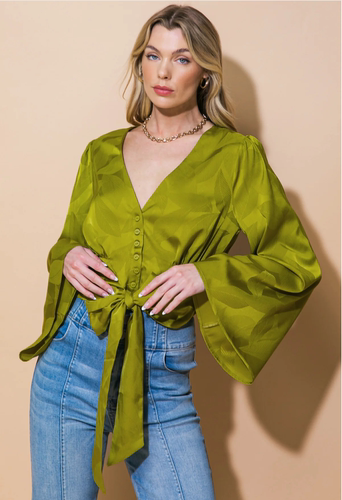 外贸喇叭袖衬衫上衣暗纹叶子