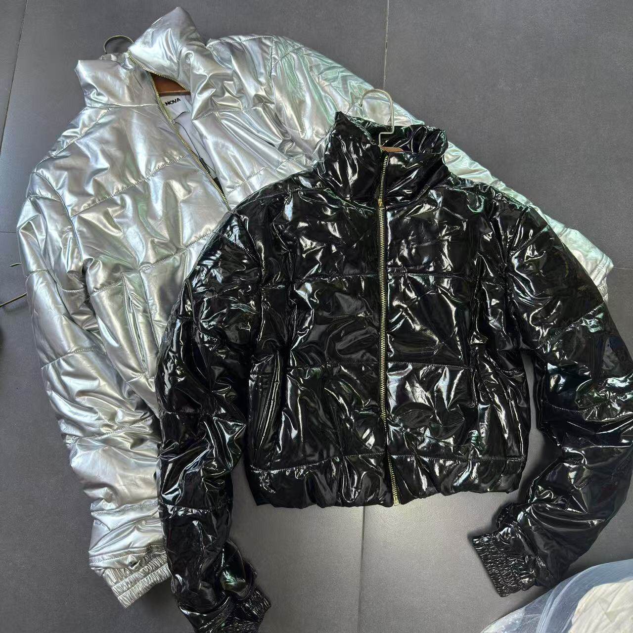 外贸fn家辣妹宽PU皮面 超酷银色 黑色面包服 冬季保暖抗风外套