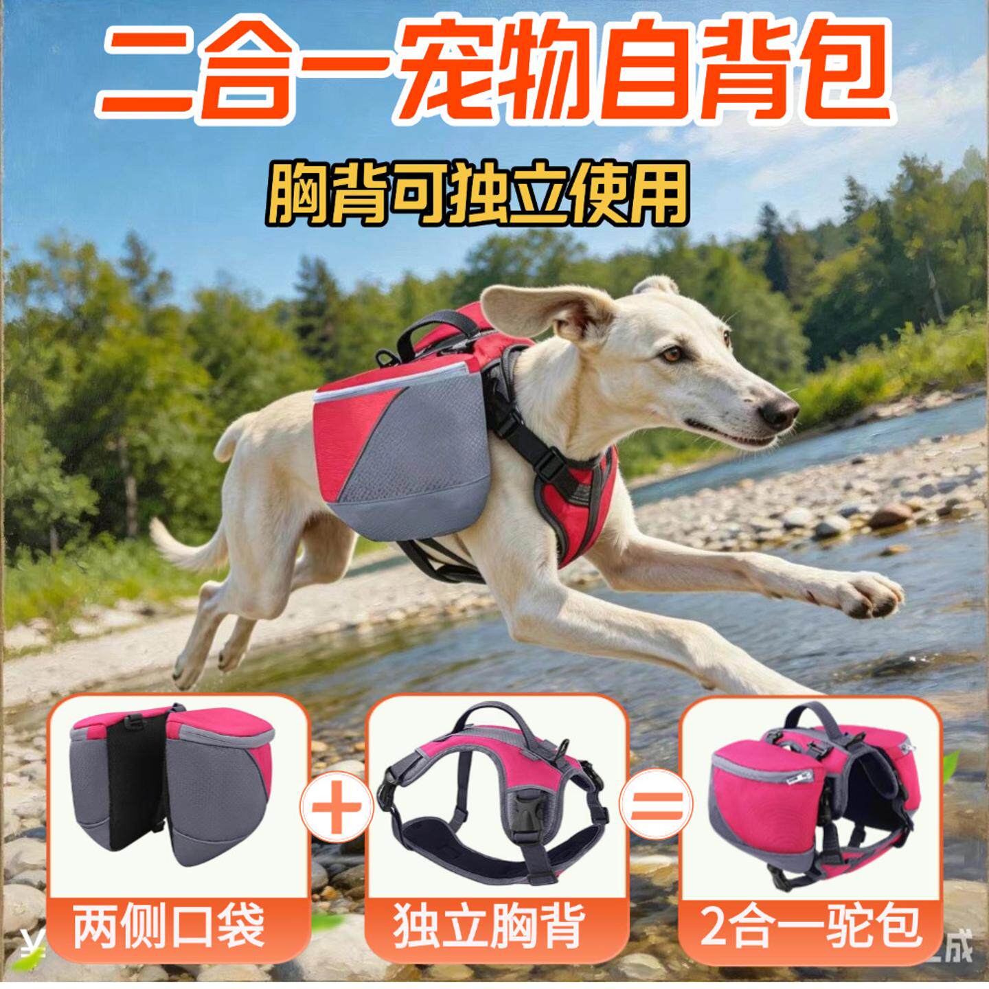 亚马逊热卖宠物牵引胸背狗自背包可拆卸口袋狗狗牵引胸背宠物驼包