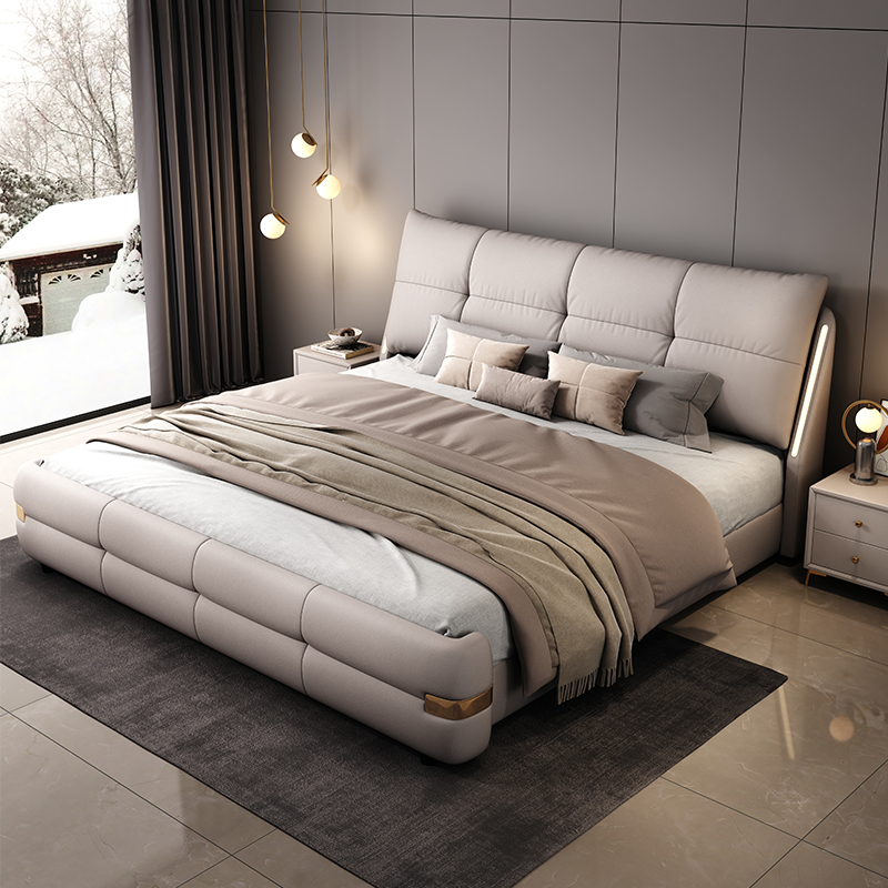 意式真皮床现代简约主卧高端大气轻奢1米8双人床新款高级软包婚床