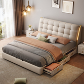 轻奢真皮床主卧双人床现代简约2米x2米2大床抽屉高箱储物软包床