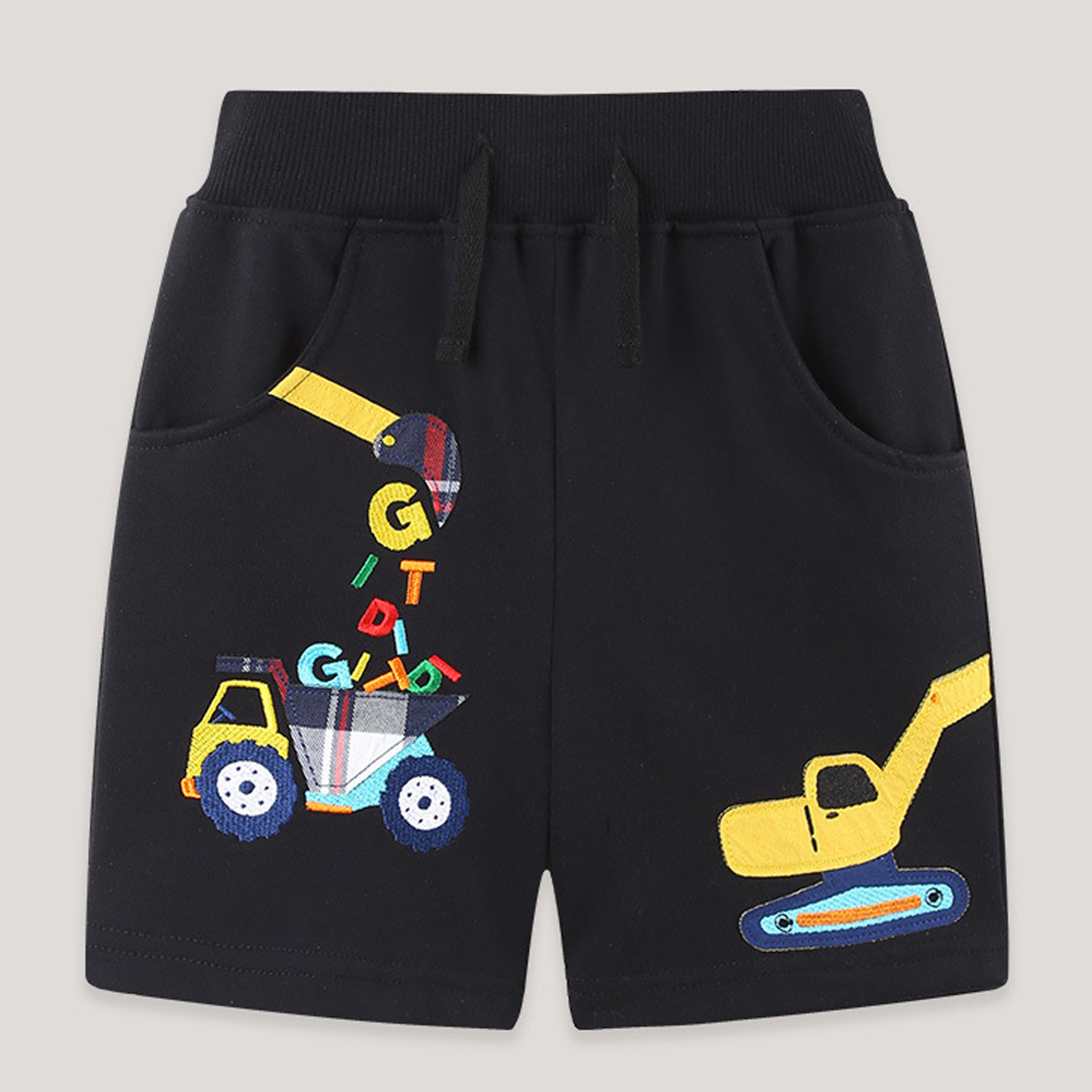 婴儿童卡通挖掘机刺绣短裤男童夏季宽松休闲运动裤子中小童沙滩裤