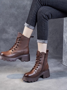 中筒靴牛皮短靴秋冬最新款厚底小个子增高马丁靴女真皮靴春秋单靴