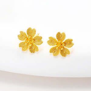 24k黄金耳钉樱花耳钉女士小花朵耳饰新品耳环18k金结婚送礼情人节