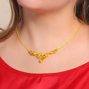 【金店同款】黄金色项链女复古花朵黄金吊坠女金项链可调节送妈妈