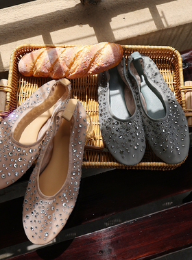 Smile Rainbow 25春夏新款真皮闪闪亮钻网纱浅口平底鞋女芭蕾舞鞋