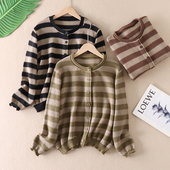 春秋文艺女装 复古宽条纹棉线针织开衫 圆领单排扣百搭毛衣外套T177