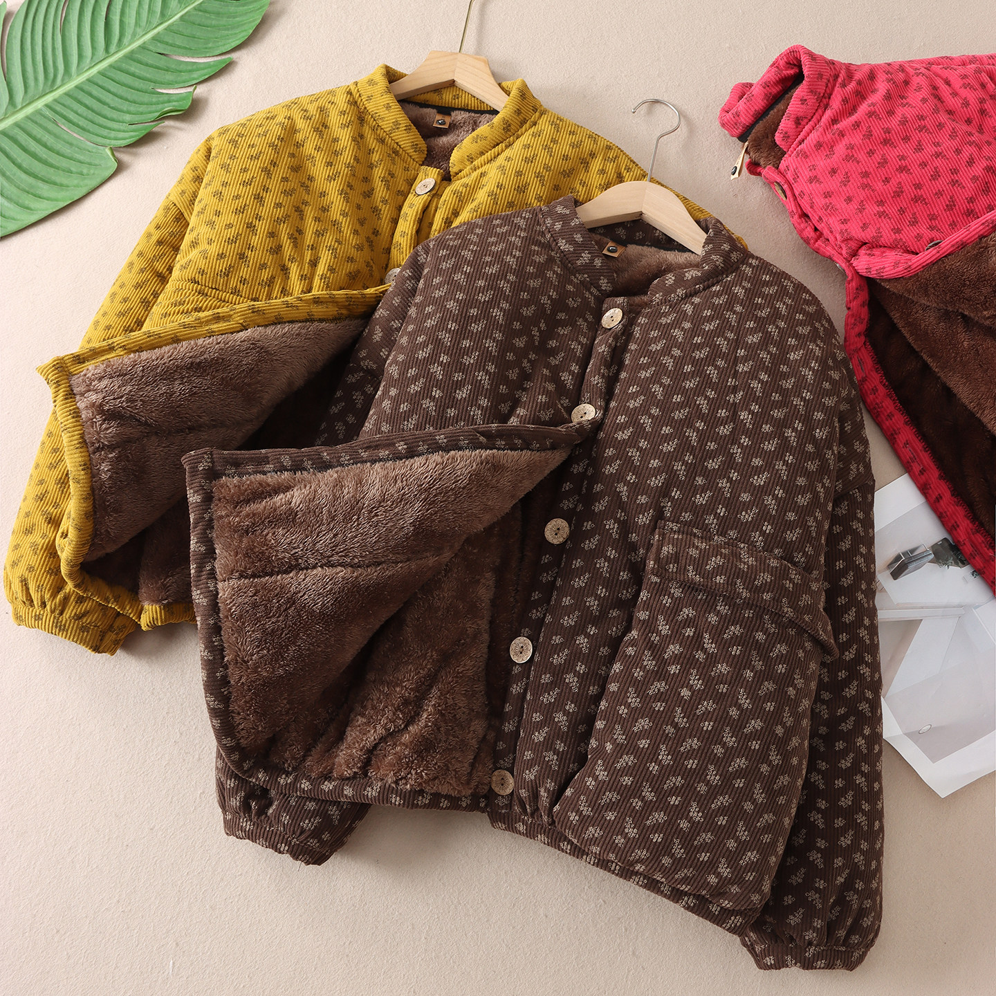 复古文艺灯芯绒印花加绒加厚棉服