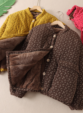 850克复古文艺灯芯绒印花棉服女冬加绒加厚零下保暖棉衣外套X102
