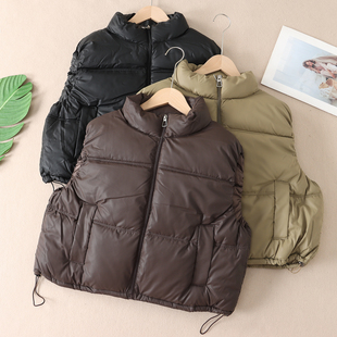 2025冬新韩版 立领面包服pu皮马甲女加厚夹棉拉链宽松棉服上衣F465