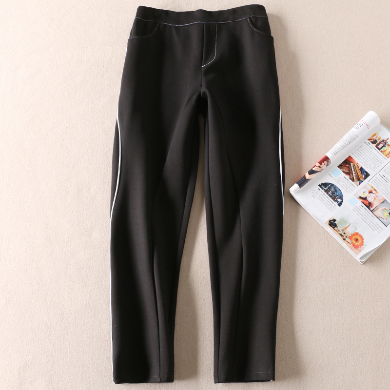 白色滚边条春季中腰休闲裤女式显瘦百搭黑色弹力哈伦九分裤 C112