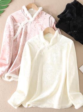 冬新旗袍立领斜襟水钻盘扣冬加厚超柔金丝绒新中式上衣女衬衫F102