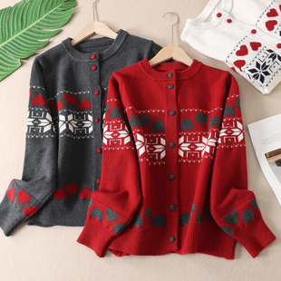 春节拜年红色毛衣高品质纤绒纱心形提花针织开衫女圆领单排扣 WA5