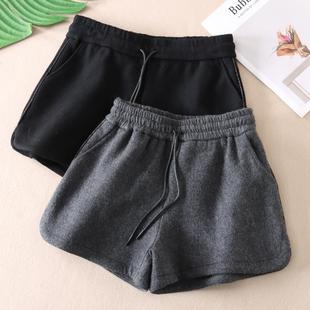 侧边水钻洋气韩版百搭加厚毛呢阔腿裤女外穿显瘦短裤冬靴裤 A900