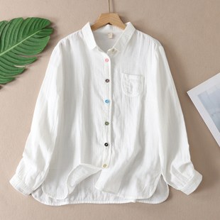 双层棉纱长袖 女复古文艺彩扣柔软亲肤婴儿棉漂亮别致打底W202 衬衫